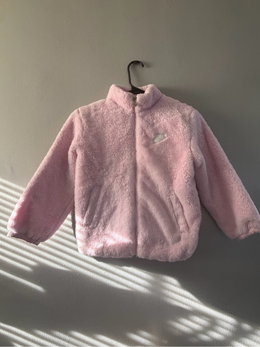 Nike Girls Faux Fur Just Do It Pink Jacket (Size 5-6 Yrs